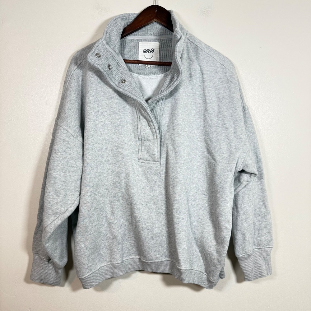Aerie Sunday Soft Snap Neck Oversized Fleece Sweatshirt Size Medium Gray